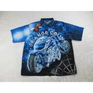 VINTAGE Orange County Choppers Shirt Mens 2XL XXL Blue All Over Print Button Up*